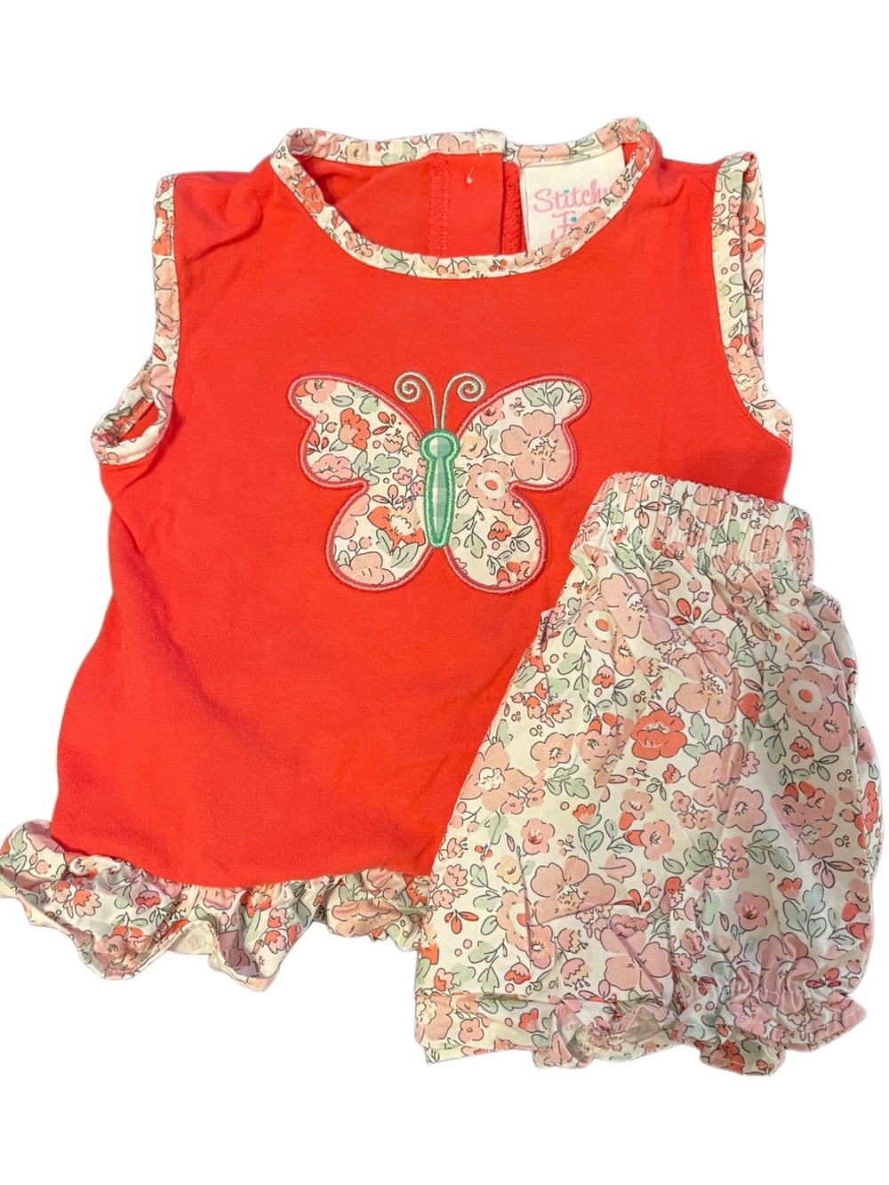 Stitchy & Co. Girls' Coral Butterfly Tank and Floral Shorts Set